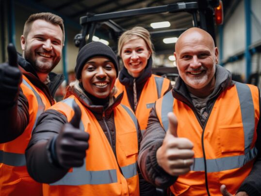 Warehouse forklift drivers posing in front of the camera. Generative AI Warehouse forklift drivers posing in front of the camera